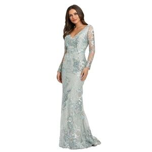 Mac Duggal 67539 NWT EMBELLISHED V NECK ILLUSION LONG SLEEVE GOWN